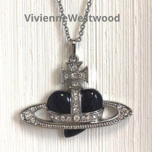 Vivienne Westwood Necklace Black Heart Saturn Pendant 4cm×5.2cm